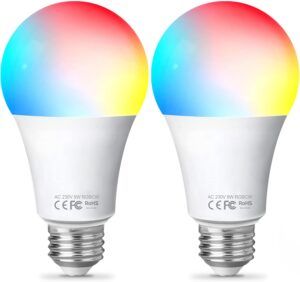 Fitop Bombilla Inteligente Alexa E27 Bombilla LED Wifi Lámpara 9W, Compatible con Alexa/Google Home,Regulable Bombilla RGB +2700K-6500K,Control De Voz,Control Remoto,2 Paquete [Clase de eficiencia energética F]