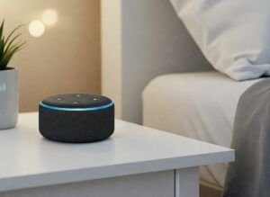 Configuración y uso de altavoces con Alexa: guía paso a paso. Imagen ilustrativa de un altavoz inteligente compatible con Alexa, destacando su control por voz, conexión con dispositivos del hogar y opciones de automatización